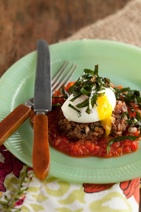 Ham and Black Eyed Pea Cake “Benedict” with a Roasted Red Pepper Sauce Recipe