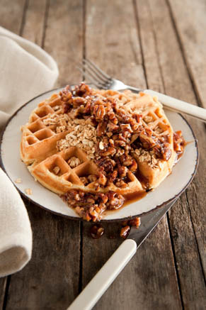 Corrie’s Granola Waffles with Buttered Pecan Syrup Recipe