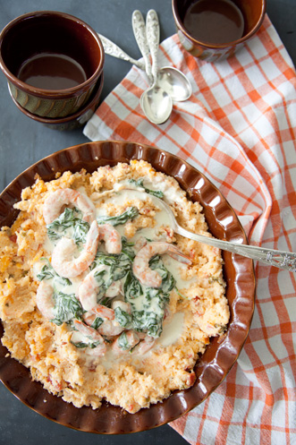 Shrimp Florentine over Tomato Grits Recipe