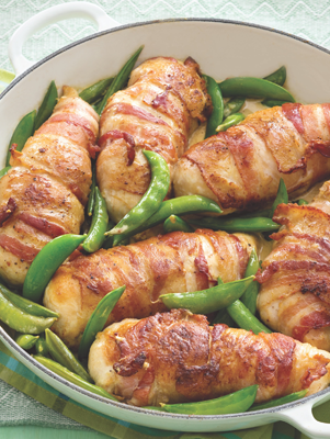 Bacon-Wrapped Chicken with Sugar Snap Peas Recipe