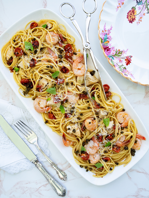 Linguine With Candied Tomatoes and Shrimp With a Wine and Butter Sauce Thumbnail