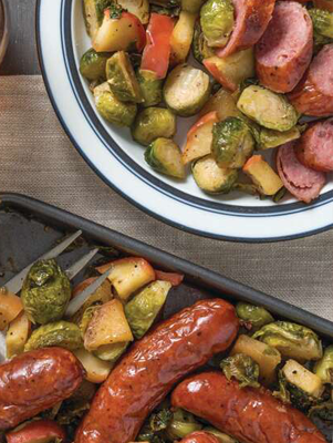 Sheet Pan Smoked Sausage, Sprouts, and Apples