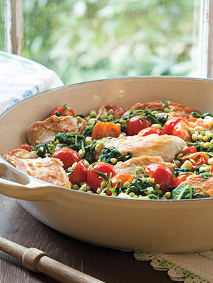 Skillet Chicken, Peas, and Greens