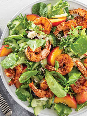 Summer Peach and Cucumber Salad with Blackened Fried Shrimp Thumbnail