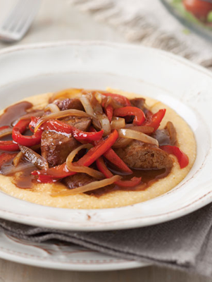 Skillet Turkey Sausage with Onions, Peppers, and Cheesy Grits Thumbnail